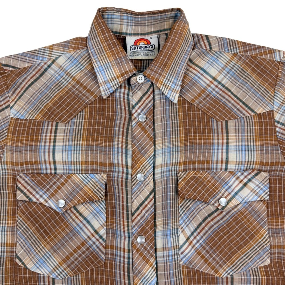 Saturdays California Western Pearl Snap Men SMALL Brown Plaid 70s 80s Vintage - Picture 4 of 9